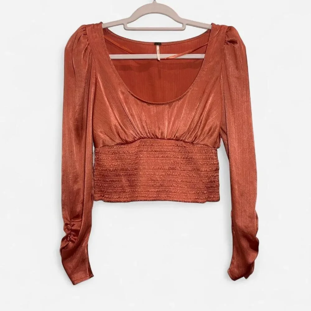 Free People Santiago Satin Cropped Blouse – Romantic Puff Sleeve Y2K (S)